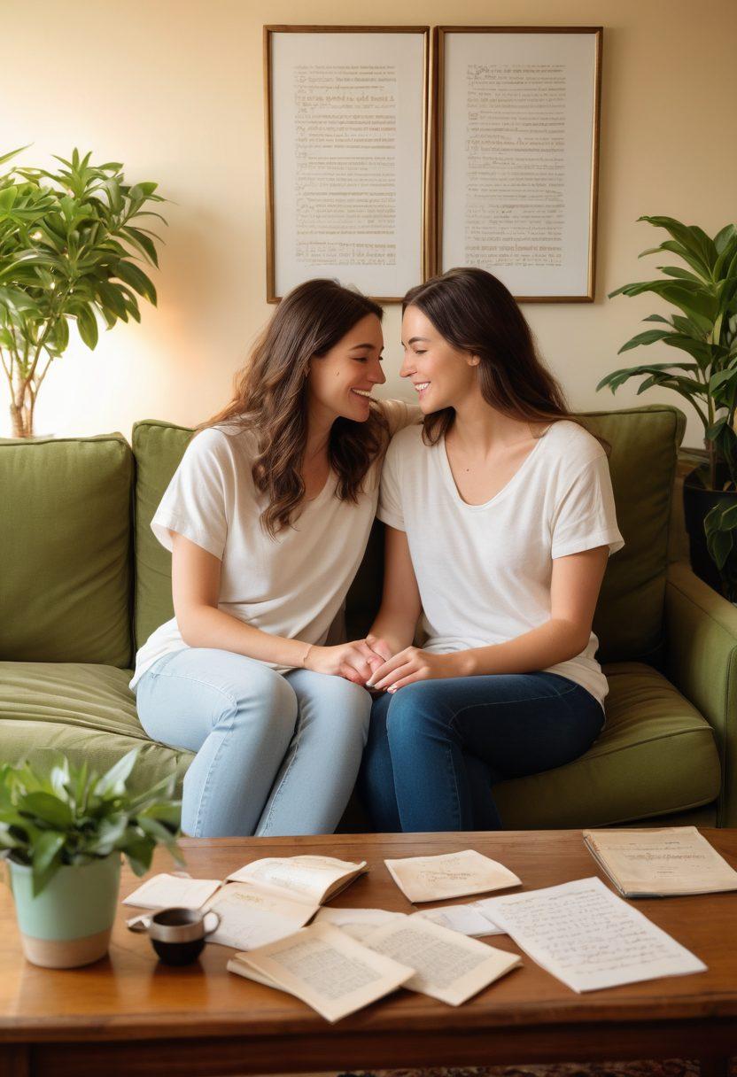 A serene couple sitting together on a cozy couch, sharing a joyful conversation, surrounded by warm lighting and plants, symbolizing growth and connection. Soft colors dominate the scene, with a background of framed memories of their journey together. Incorporate elements like coffee cups, love notes, and books about relationships. super-realistic. warm colors. intimate setting.