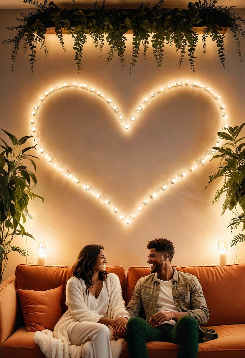 A cozy, softly lit room with a couple sitting close together on a plush sofa, sharing a laugh while holding hands, surrounded by warm, inviting decor like candles and plants. A heart-shaped wall clock in the background symbolizes time spent together, while a gentle glow envelops them. super-realistic. warm colors. intimate atmosphere.