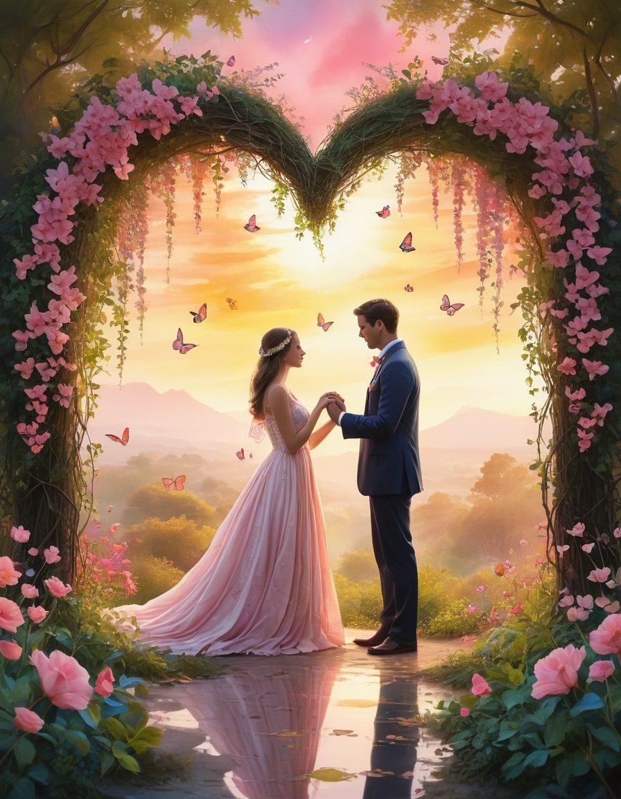 A glowing heart surrounded by intertwining vines and blossoms, symbolizing the beauty of love and romance. Soft light radiates from the heart, casting warm hues across the scene. In the background, silhouettes of couples holding hands create a sense of unity and warmth. Include delicate butterflies fluttering around, bringing a sense of magic and hope. watercolor painting. vibrant colors.